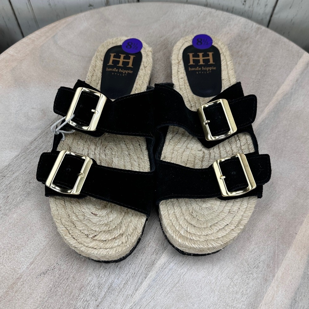Black Suede Double Buckle Espadrille Slide Sandals Womens 8.